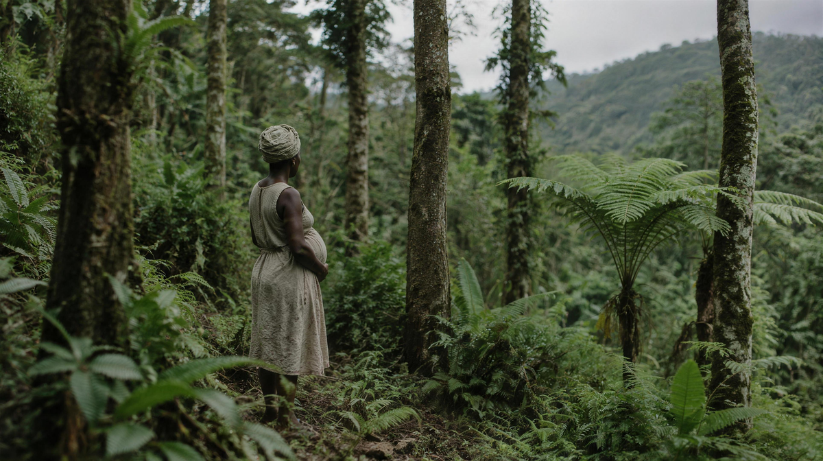 A pregnant woman seen from behind, one hand on her belly, standing among the trees of a tropical forest.