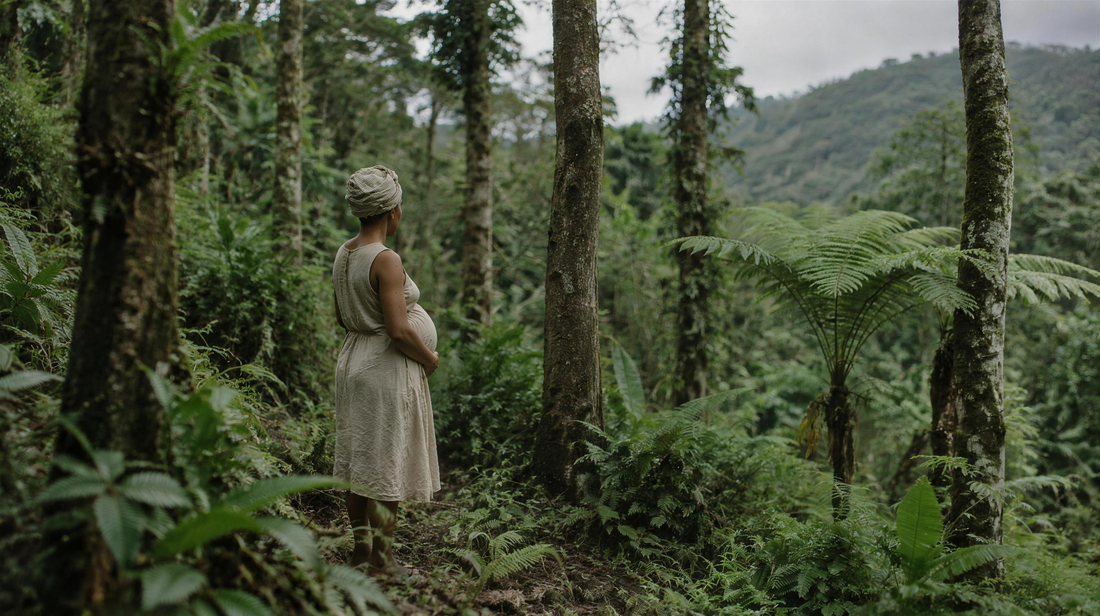 A pregnant woman seen from behind, one hand on her belly, standing among the trees of a tropical forest.