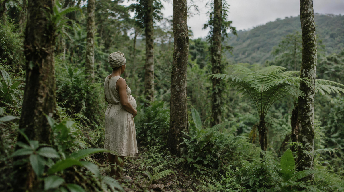 A pregnant woman seen from behind, one hand on her belly, standing among the trees of a tropical forest.