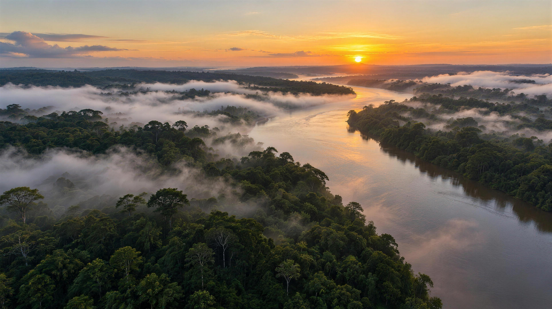 Aerial view at sunrise of a river winding through dense rainforest, wrapped in morning mist.