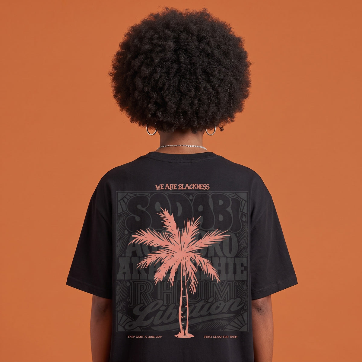 Blackness Libation Tee Black — close-up of the palm tree Libation back print worn on the back, oversized heavyweight cotton streetwear tee by We Are Blackness