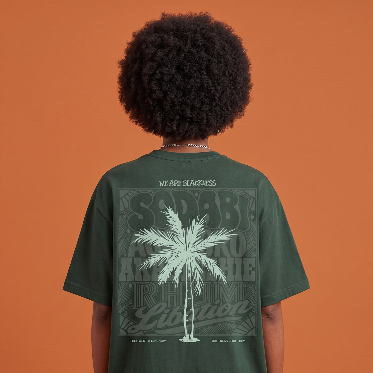 Blackness Libation Tee Forest Green — close-up of the palm tree Libation back print worn on the back, oversized heavyweight cotton streetwear tee by We Are Blackness