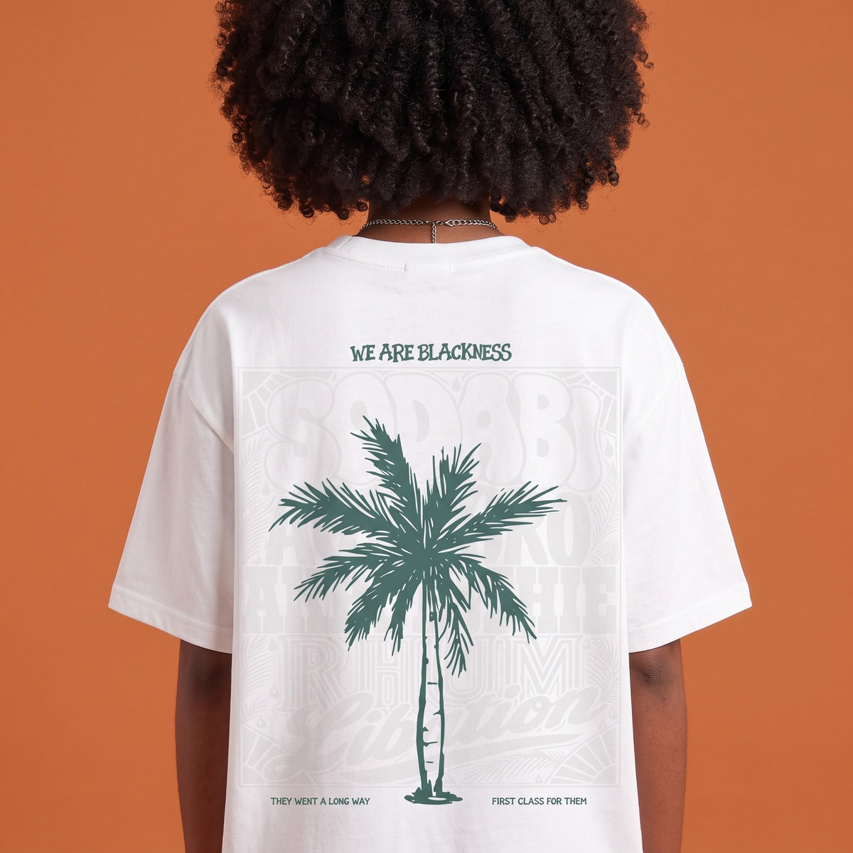 Blackness Libation Tee White — close-up of the palm tree Libation back print worn on the back, oversized heavyweight cotton streetwear tee by We Are Blackness