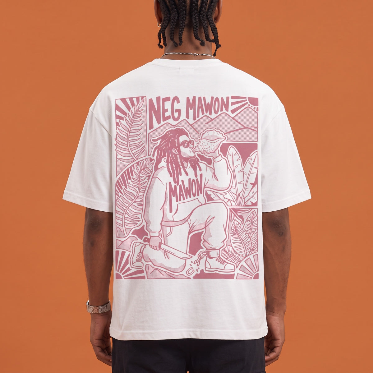 Blackness Mawon Tee White — close-up of the Neg Mawon conch-blower linocut back print worn on the back, oversized heavyweight cotton streetwear tee by We Are Blackness