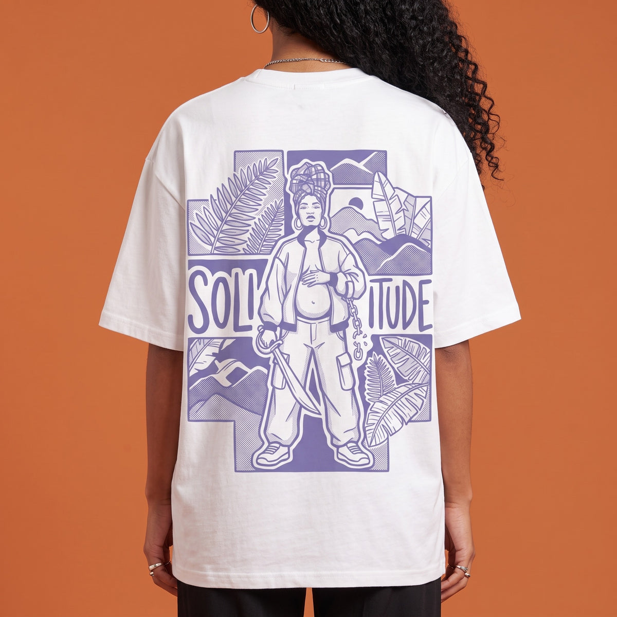 Blackness Solitude Tee White — close-up of the Solitude block-print portrait back graphic worn on the back, oversized heavyweight cotton streetwear tee by We Are Blackness