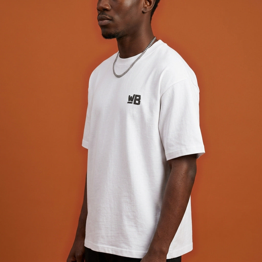 Blackness Sankofa King Tee, white — shoulder and collar detail, side view, terracotta backdrop