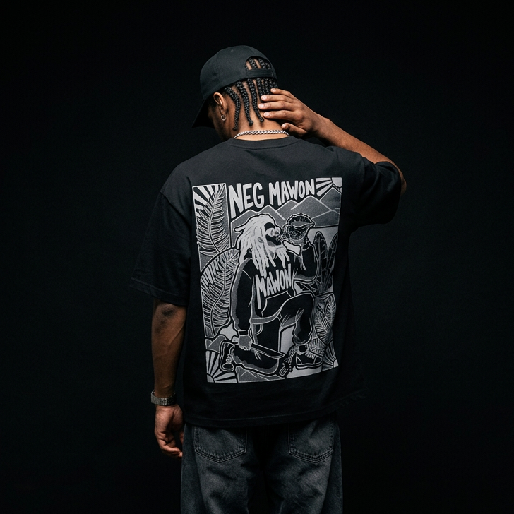 A man stands with his back to the camera wearing a black t-shirt with a large white graphic print on the back, dark jeans, and a black cap, set against a solid black background.